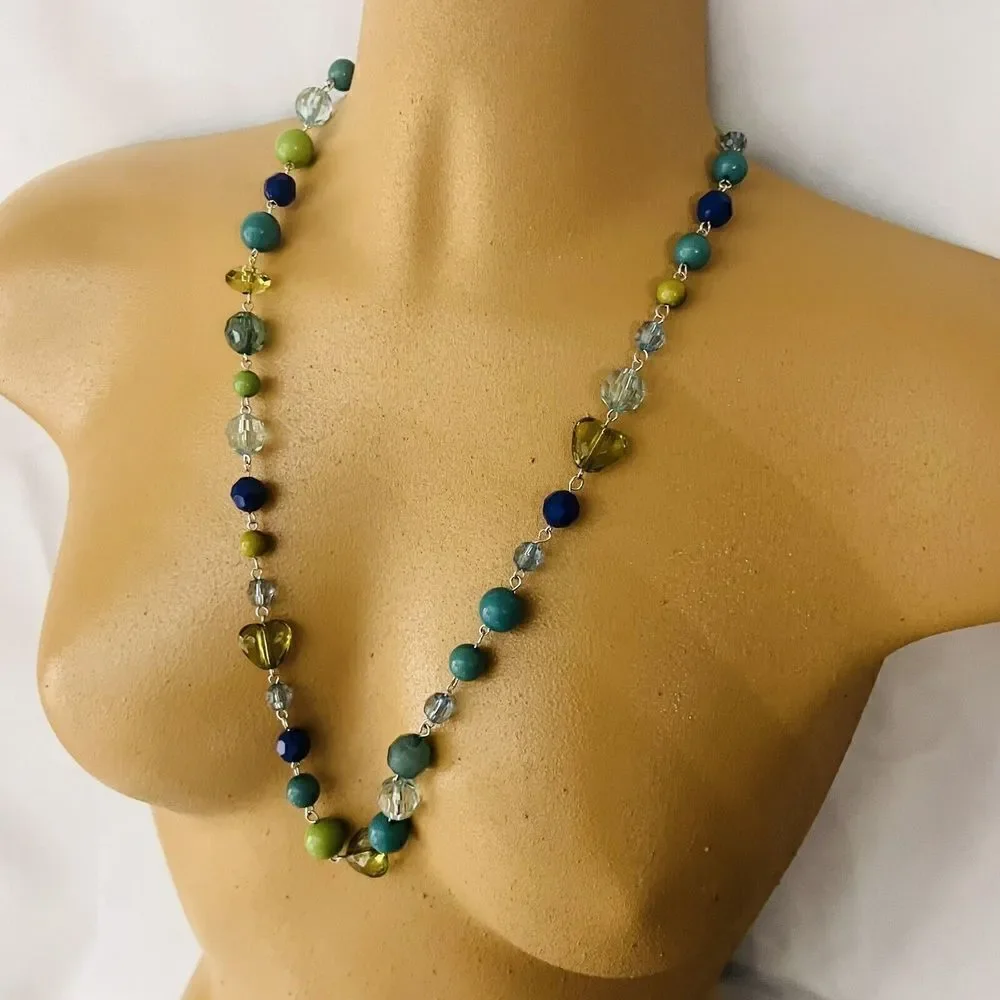 Vintage Necklace Blue Green Shades Beads Silver Tone Glass Heart Accents
